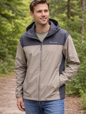 Columbia Hooded Windbreaker Jacket Taupe Gray Mens Small